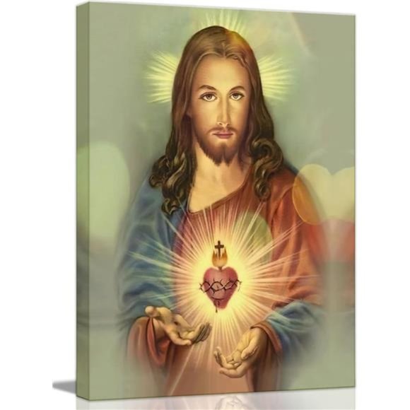 Framed Sacred Heart of Jesus wall Canvas art Decor Divine Mercy, 24x36 inch - Picture 1 of 7